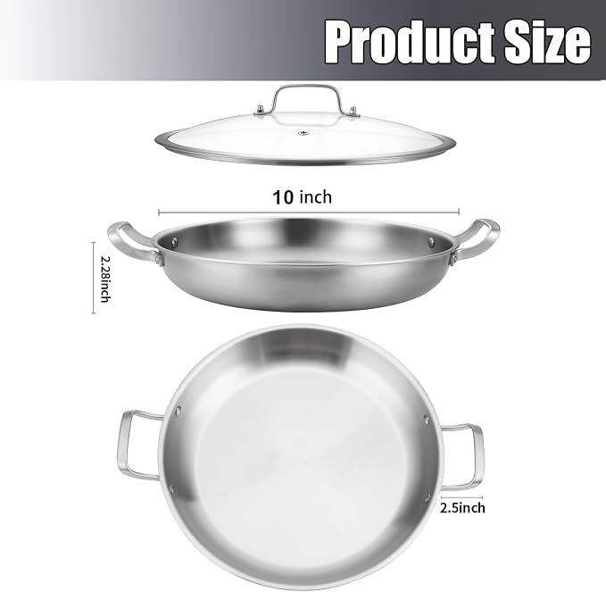 DELARLO 10 Inch Tri-Ply Stainless Steel Paella Pan with Lid, Large Induction Skillet & Jumbo Frying Pan, Heavy Duty Cookware for Paella Parties, Indoor & Outdoor Use