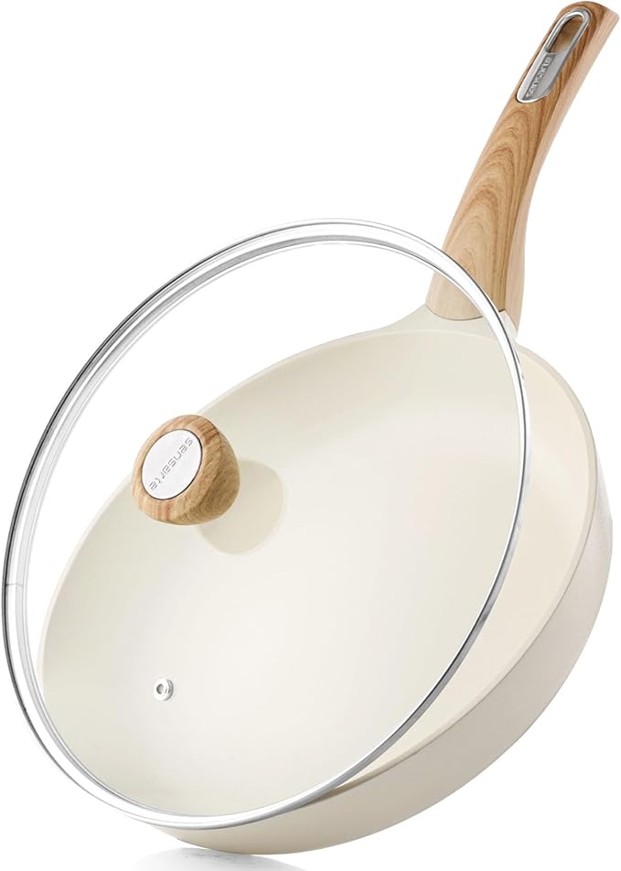SENSARTE 9.5inch Ceramic Nonstick Frying Pan Skillet with Lid, White | Non Stick Omelet Pans, Non-toxic Healthy Kitchen Cooking Chefs Pan, PFOA/PFAS/PTFE Free, Induction Compatible