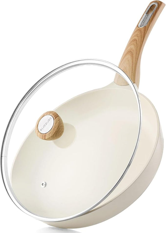 SENSARTE 8inch Ceramic Nonstick Frying Pan Skillet with Lid, White | Non Stick Omelet Pans, Non-toxic Healthy Kitchen Cooking Chefs Pan, PFOA/PFAS/PTFE Free, Induction Compatible
