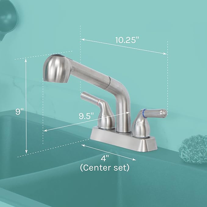 JS Jackson Supplies Dual Handle Pull Out Faucet, Stainless Steel Finish, 4 Inch Center Set, Universal Utility Sink or Laundry Tub ABS Plastic Faucet with Spray Setting