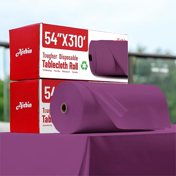 Plastic Table Cloth, 310 Ft X 54 in Plastic Table Cloth Disposable Purple Tablecloth with Any Cut Sliding Cutters Premium PEVA Disposable Tablecloth for Picnics, Parties, Birthdays, Festivals
