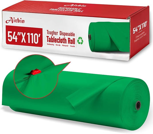 Plastic Table Cloth, 110 Ft X 54 in Plastic Table Cloth Disposable Green Tablecloth Premium PEVA with Any Cut Sliding Cutters Disposable Tablecloth for Picnics, Parties, Birthdays, Festivals