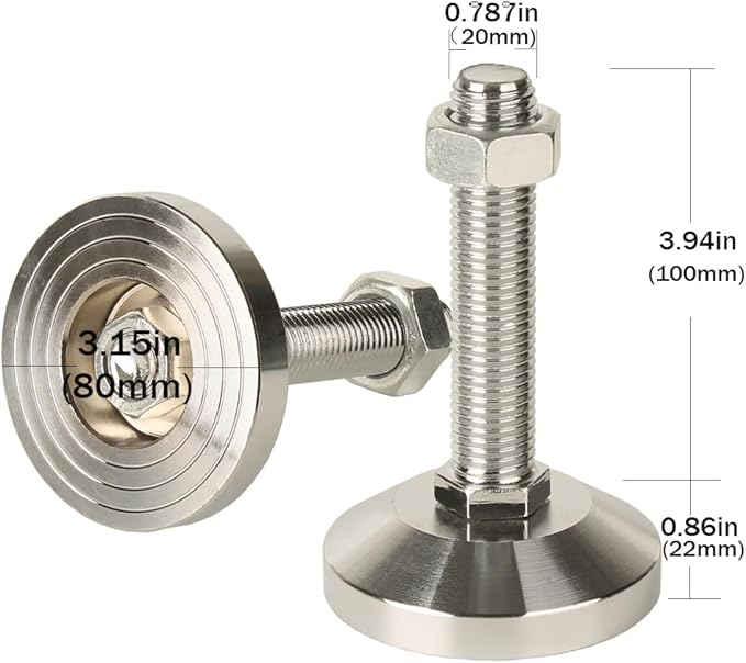 Machine Leveling feet, Heavy Duty Leveler Leg 3.15" Dia. Base, Leg Leveler M20 Thread, 4400 Lb Capacity,Capacity for Workbench, Machine, Cabinet (D80xM20x100,2 Pack,Silvery)