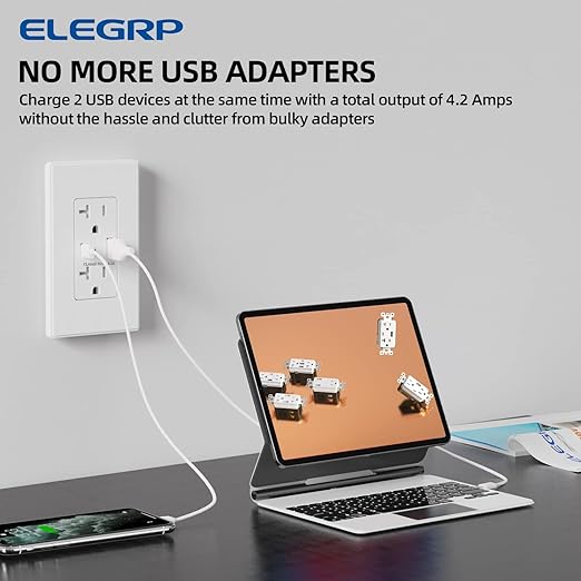 ELEGRP USB Charger Wall Outlet, USB Receptacle with Type A & Type C USB Ports, 20 Amp Duplex Tamper Resistant Receptacle Plug, Wall Plate Included, UL Listed (1 Pack, Matte White)