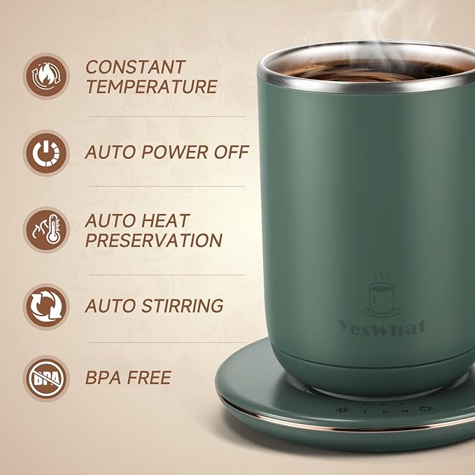 YesWhat Self Stirring Mug, Self Heating Coffee Mug with Smart Temperature Control 10oz, Electric Warming Cup, Detachable Base, Auto Shut Off, for Mom, Wife, Grandma