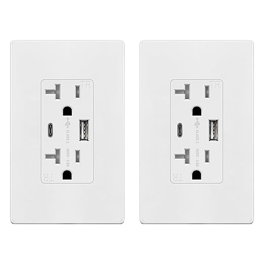 TOPGREENER USB Outlet, Type C USB Wall Outlet, 20 Amp Tamper-Resistant Receptacle, Charging Power Outlet with 2 USB Ports, Wall Plate Included, TU22036AC-W-2PCS, White, 2 Pack