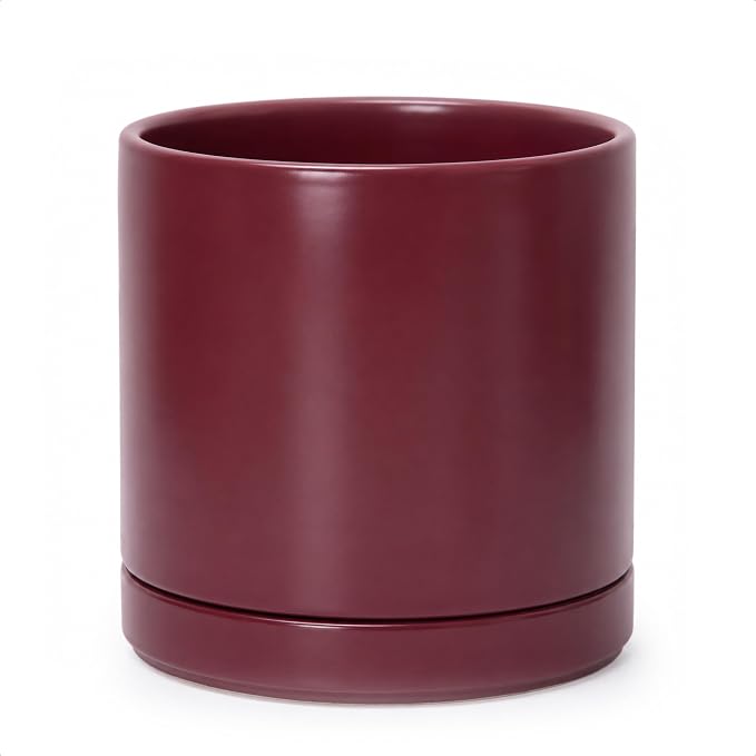 D'vine Dev 10 Inch Ceramic Planter Pot, Cordovan, 94-O-E-4 | Modern Cylinder Design, Drainage Hole & Saucer Included, Stable Structure, Elegant Home Accent