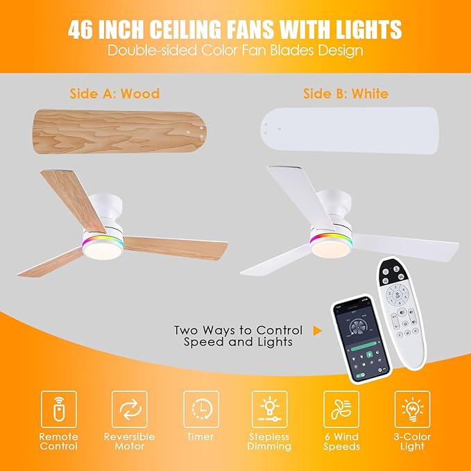 Asyko 46" White RGB Ceiling Fans with Lights and Remote,Low Profile Ceiling Fans with Quiet Reversible DC Motor,Modern Flush Mount Ceiling Fan Light for Bedroom Kids Room
