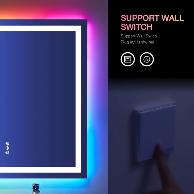 LOAAO 28"X36" RGB LED Bathroom Mirror with Lights, Anti-Fog, Dimmable, Lighted Bathroom Vanity Mirror, Multiple Light Modes, RGB Backlit + Front Light, Memory Function, Tempered Glass, ETL Listed