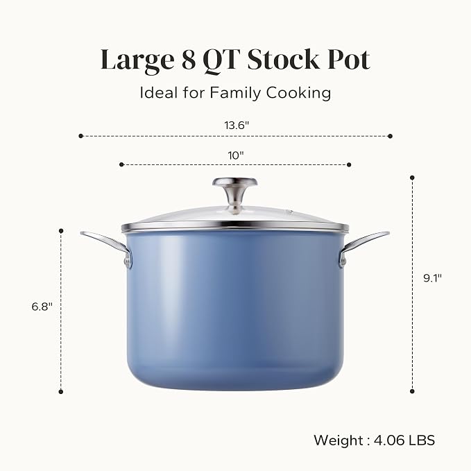 Redchef Nonstick Stock Pot with Lid 8 QT, Ceramic Large Pasta Pot for All Stovetops, Stockpot Cooking Soup Pot for Kitchen, PFOA Free, Sturdy Handles, Even Heating, Oven/Dishwasher Safe, Blue