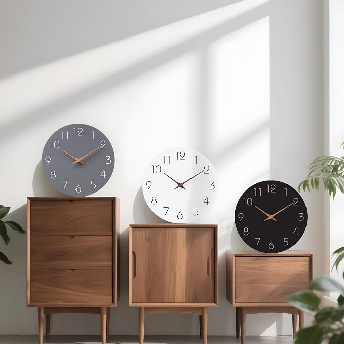 Mosewa Wall Clock Silent Non Ticking Decorative for Kitchen Bedroom Bathroom Office Living Room Battery Operated 10 Inch Gray Modern