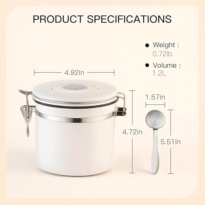 MEGAWISE 304 Stainless Steel Coffee Canister – Airtight 1.2L Coffee Storage Container with CO₂ Valve & Date Tracker, Vacuum-Sealed Canister for Coffee Beans, Grounds, Tea & Pantry Storage
