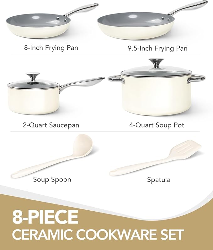 MICHELANGELO Pots and Pans Set Non Stick - Titanium Cookware Set Non Toxic Ceramic Coating, 8-Pcs Nonstick Pots and Pans with Ergonomic Handle, Dishwasher Safe & Induction Compatible, Cream