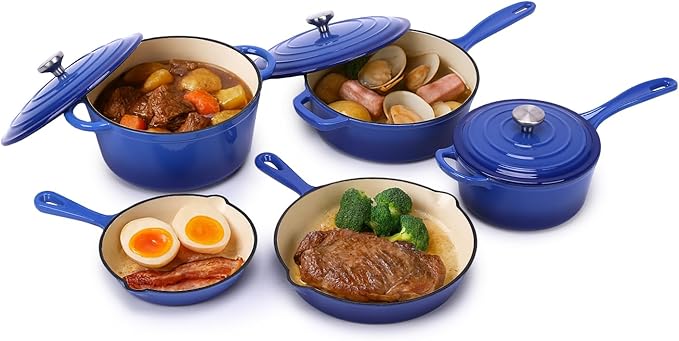 QuliMetal Nonstick Enameled Cast Iron Cookware Set, 5 Pcs Pots and Pans with Lid, Skillet, Frying Pan, Saucepan & Dutch Oven for All Stovetops, PFA Free - Ideal for Sourdough Bread Baking