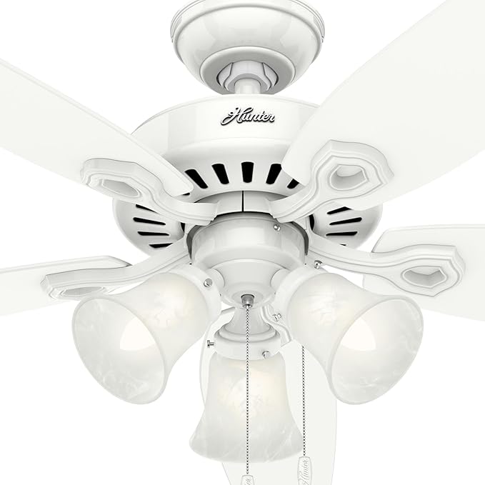 Hunter 52 inch Indoor Ceiling Fan with LED Lights - White Ceiling Fan with Pull Chain, For Bedroom or Living Room, Standard Mount, No Remote, 5 Blades, Includes Bulbs - Builder Plus 53236, Snow White