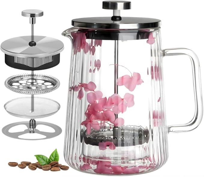 Glass French Press Coffee Maker 22oz (Pink Floral) – Double-Wall Borosilicate Ribbed Coffee Press with Stainless Steel Filter, Manual Coffee Brewer & Tea Press