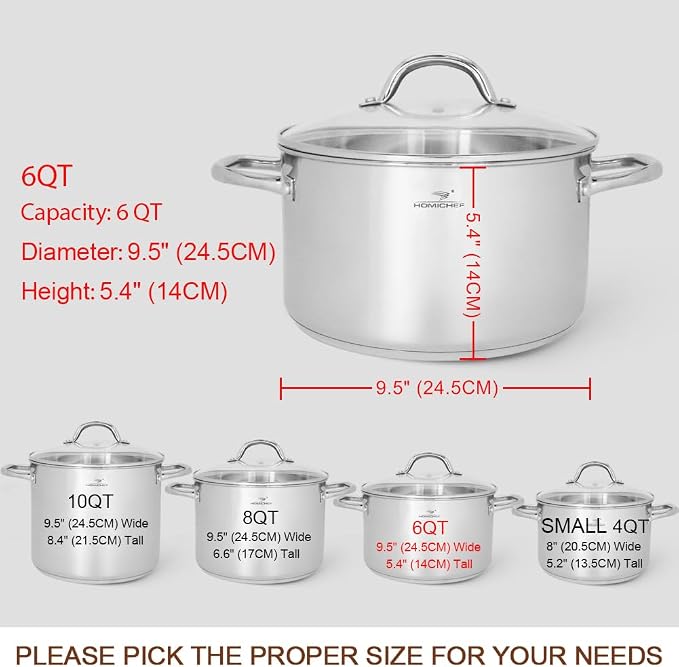 HOMICHEF Stock Pot 6 Quart Nickel Free Stainless Steel - 6 Qt Soup Pot With Lid and Handle - Small Cooking Pot 6 Quart - Ideal for Soup, Sauce, and Induction Cooking
