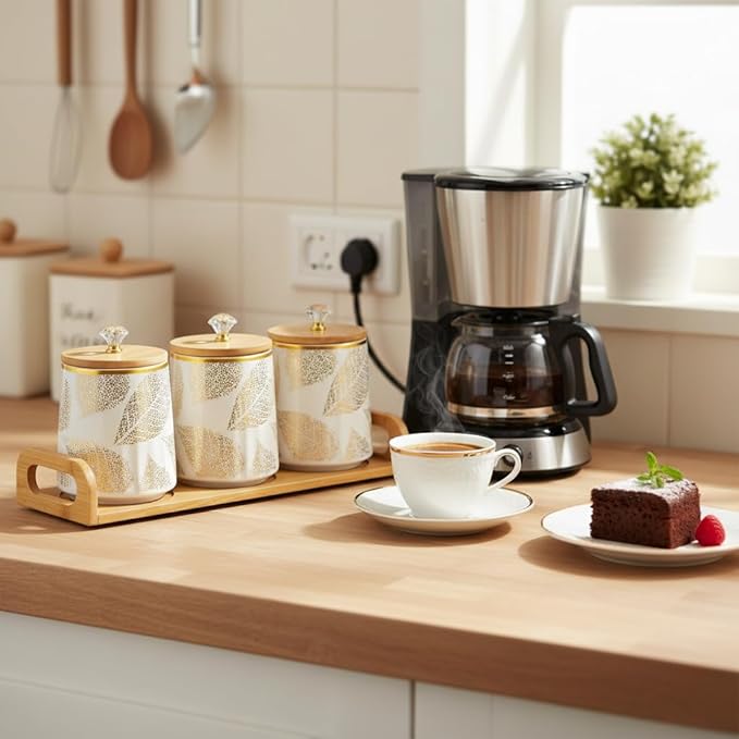 Ceramic Storage Canister for Coffee Sugar Tea Set of 3, Kitchen Pantry Container with Bamboo Lids and Tray, Airtight Food Storage Jars Kitchen Counter Storage Containers for Dining Table
