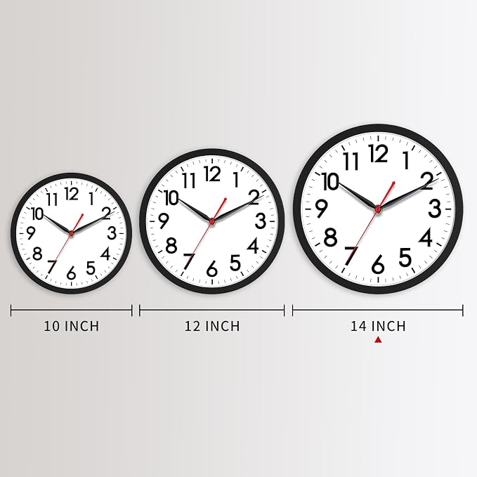 AKCISOT 14 Inch Wall Clock, Battery Operated Analog Clock, Silent Non-Ticking, Ideal for Bedroom, Bathroom, Kitchen, Office and School, Black