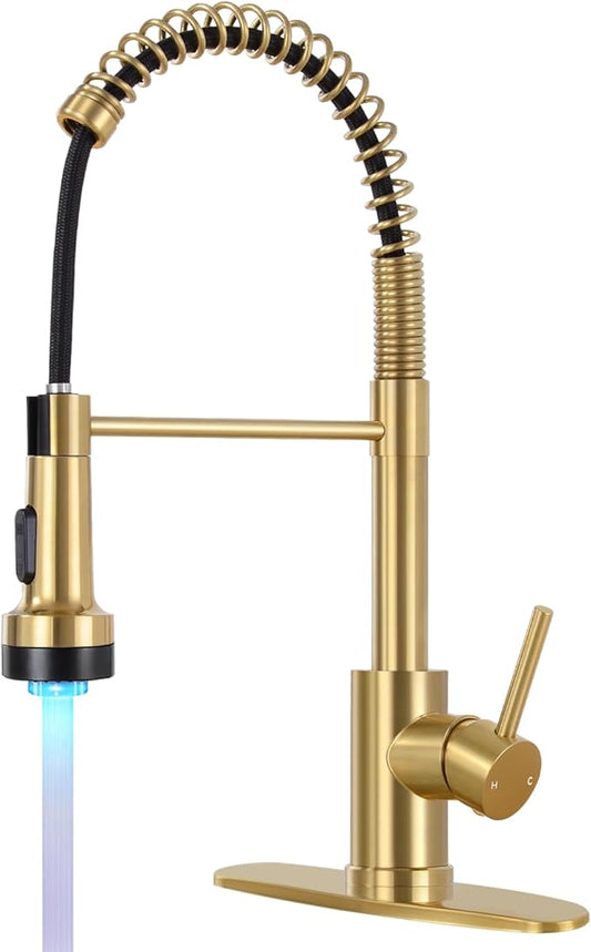 DJS Kitchen Faucets with Pull Down Sprayer Brushed Gold LED Light Single Handle 1 or 3 Holes Spring Kitchen Sink Faucet with Deck Plate for Farmhouse RV Vessel Basin