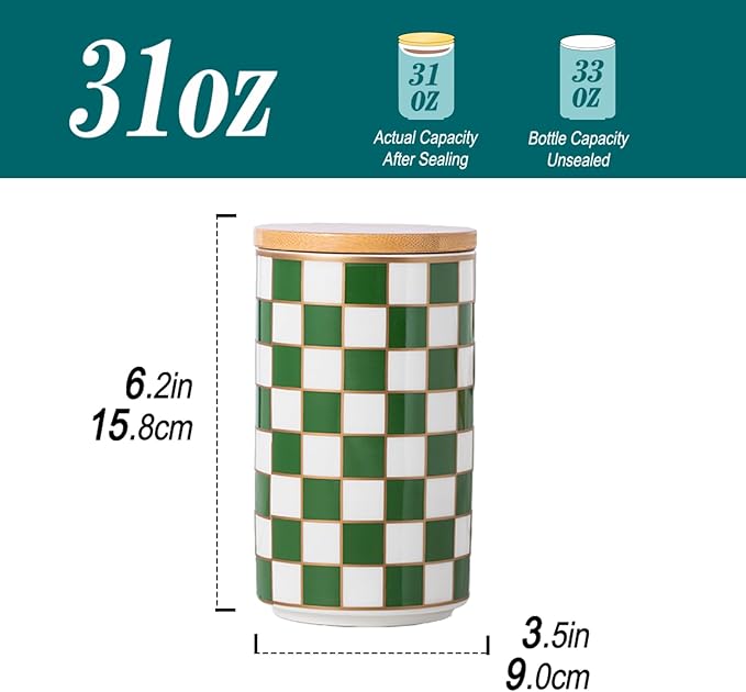 Kitchen Countertop Ceramic Checkered Canisters,Black And White Food Storage Containers With Lid,Airtight Kitchen Canisters for Flour, Sugar, Coffee, Tea, and Dry Goods (Green, Large)