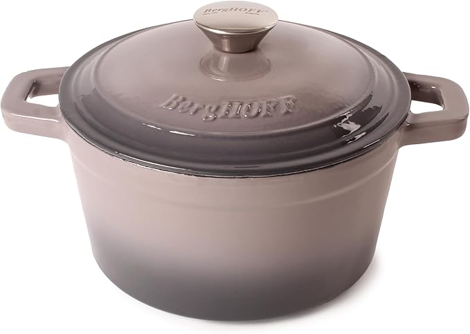 BergHOFF Neo 4Pc Enameled Cast Iron Cookware Set, Grill Pan 11 inches, Fry Pan 10 inches, 3qt. Dutch Oven, Matching Lid, Fast, Evenly Heat, Oven Safe (Oyster)