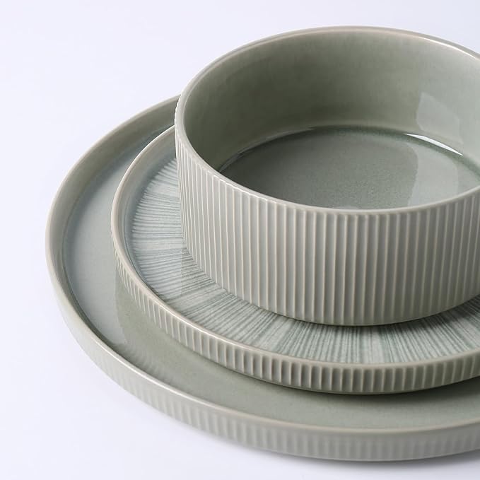 Dinnerware Sets for 4, Ceramic Plates and Bowls Set 12 Piece Dinnerware Chip Resistant Stoneware with Advanced Inkjet Printing Technology, Dishwasher and Microwave Safe-Sage Green