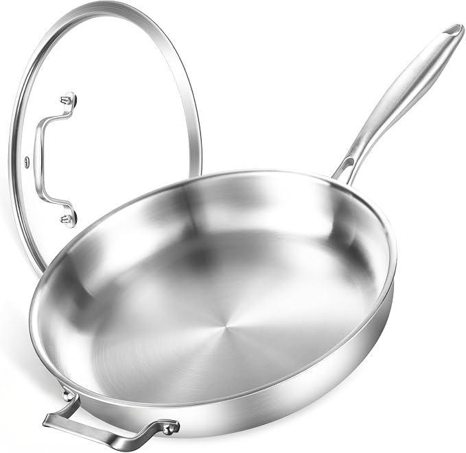 DELARLO Stainless Steel Pan 14-Inch Large Frying Pan with Lid | Heavy Duty Compatible with Induction up to 650℉ Fast & Even Heating Dishwasher Oven Safe Skillet