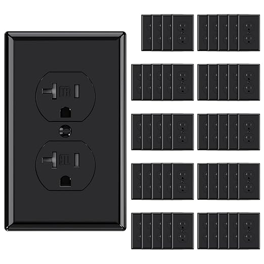 AIDA 20 Amps Outlets Duplex Electrical Receptacle Outlets,Tamper Resistant,Heavy-Duty Receptacle Wall Outlet,Residential,TR,3-Wire, Self-Grounding Clip, NEMA 5-20R,UL Listed (50 Pack, Black)