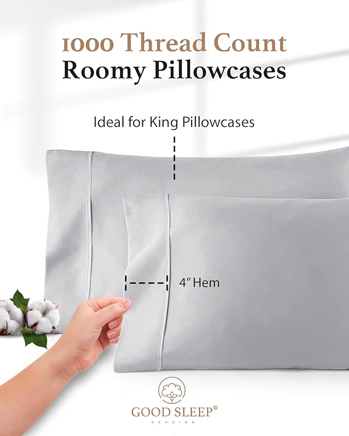 1000 TC Light Gray King Pillowcases Set of 2 100% Egyptian Cotton Pillow Cases with Long Staple Cotton & Sateen Weave, Silky Soft Hotel - Like Bed Pillow Covers for Comfy Sleeping, Snug Fit