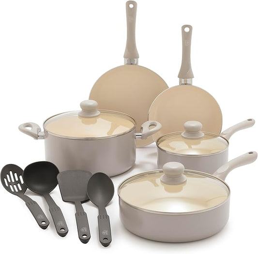 GreenLife 16-Piece Nonstick Cookware Set, Non-Toxic Ceramic Pots and Pans Set, Durable Healthy Kitchen Essentials, Fast Heating, Induction Ready, Easy Clean Dishwasher Safe, PFAS-Free, Light Gray