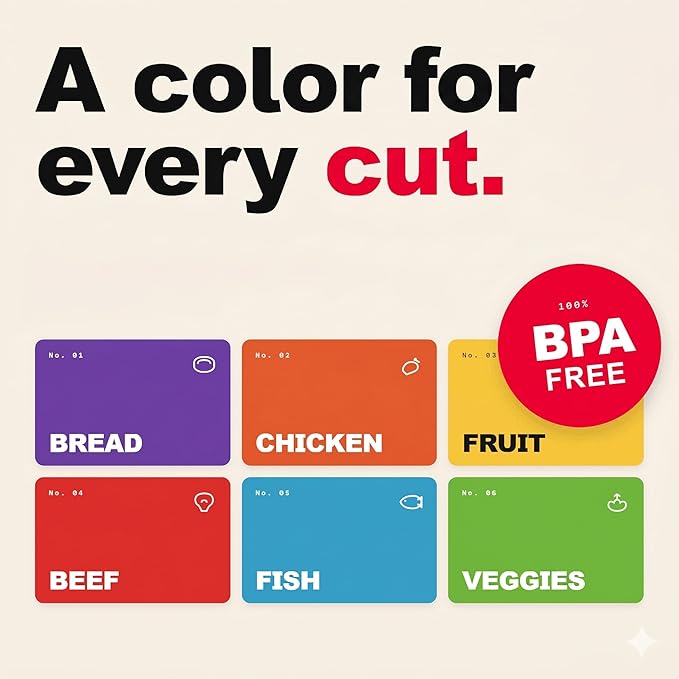 Bamboo Cutting Board Set with 6 Color Coded Mats with Food Icons, BPA-Free Non Slip Easy Clean Chopping Boards for Kitchen with Holder, Dishwasher Safe for Meal Prep & Serving, Large | Cooler Kitchen