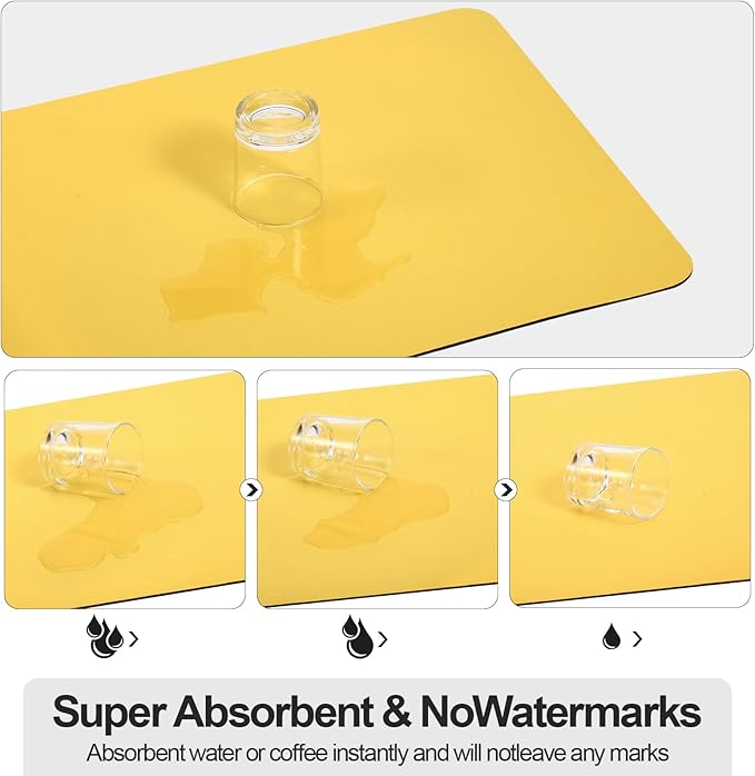 Ecotrim Absorbent Coffee Mat , Stain Hiding PU Leather Surface, Non-Slip Natural Rubber Backing, Quick Dry Mat for Espresso Machine, Kitchen Counter ,Yellow | 12" x 19"