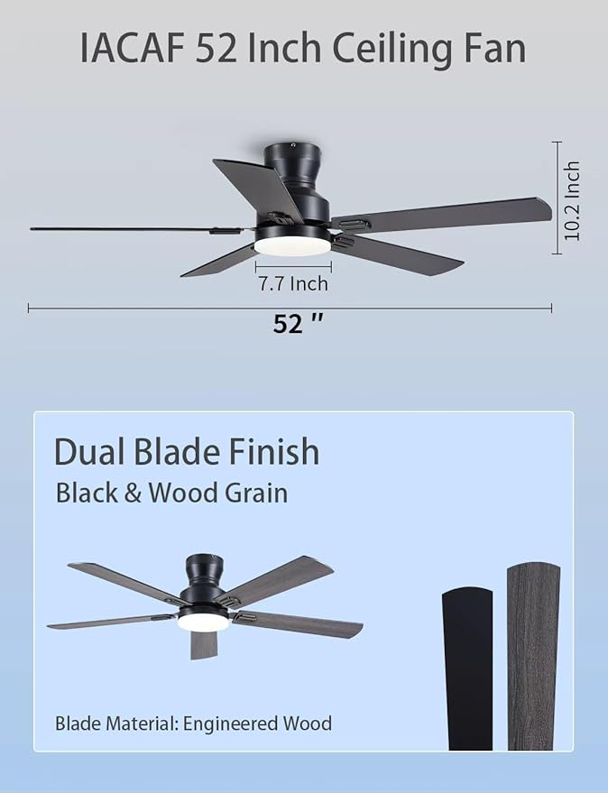 Ceiling Fans with Lights, 52" Low Profile Ceiling Fan with Light and Remote/APP Control, Modern Flush Mount Led Ceiling Fan for Indoor Bedroom Living Room, Dimmable, Qiuet DC Motor, Black