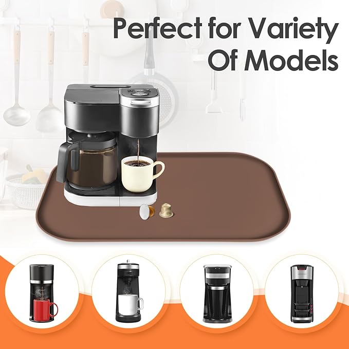 TOHONFOO Silicone Coffee Maker Mat with Lip, 24'' x 16'' Heavy Duty Coffee Maker Mat for Countertops, Coffee Tray Fit Under Coffee Machine Appliance Automatic Machines Espresso Accessory, Brown