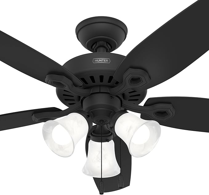 Hunter 52 inch Indoor Ceiling Fan with LED Lights - Black Ceiling Fan with Pull Chain, For Bedroom or Living Room, Standard Mount, No Remote, 5 Blades, Includes Bulbs- Builder Plus 52387, Matte Black