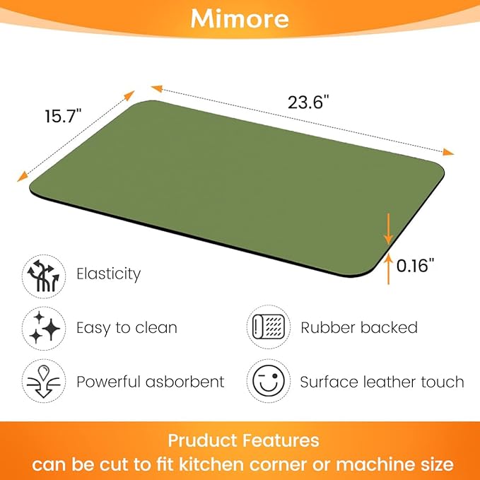 Mimore Coffee Mat - 16x24 Inch Green Bar Mat for Countertop - Absorbent, Hides Stains, Rubber Backed - Dish Drying Mat Fits Under Coffee Maker, Espresso Machine