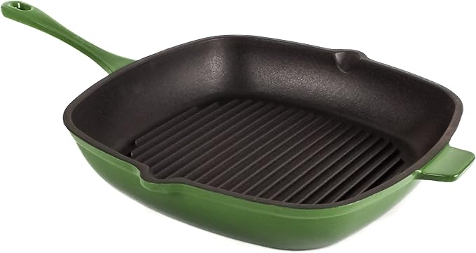 BergHOFF Neo 4Pc Enameled Cast Iron Cookware Set, Grill Pan 11 inches, Fry Pan 10 inches, 3qt. Dutch Oven, Matching Lid, Fast, Evenly Heat, Oven Safe (Green)