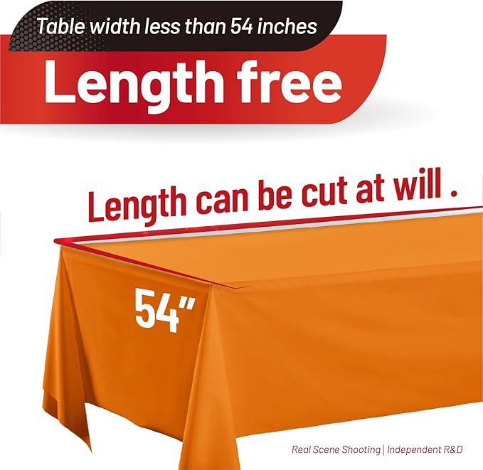 Plastic Table Cloth, 310 Ft X 54 in Disposable Tablecloth Orange Tablecloth Premium PEVA Plastic Table Cloth Disposable with Any Cut Sliding Cutters for Picnics, Parties, Birthdays, Festivals