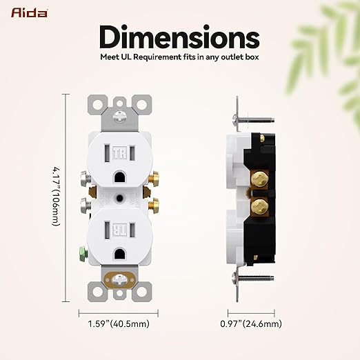 AIDA 50 Pack 15 Amp Outlet Duplex Electrical Receptacle Outlets,Power Outlet,Tamper Resistant,Heavy-Duty Receptacle, 2 Pole,3-Wire, Self-Grounding Clip, NEMA 5-15R,UL Listed,White