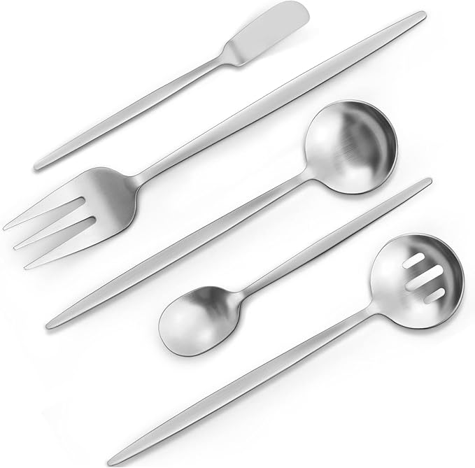 VANVRO Matte Serving Silverware Set, 5-Piece Round Shared Utensils Set of Stainless Steel, Hostess Flatware Serving Set, Satin Finish, Dishwasher Safe