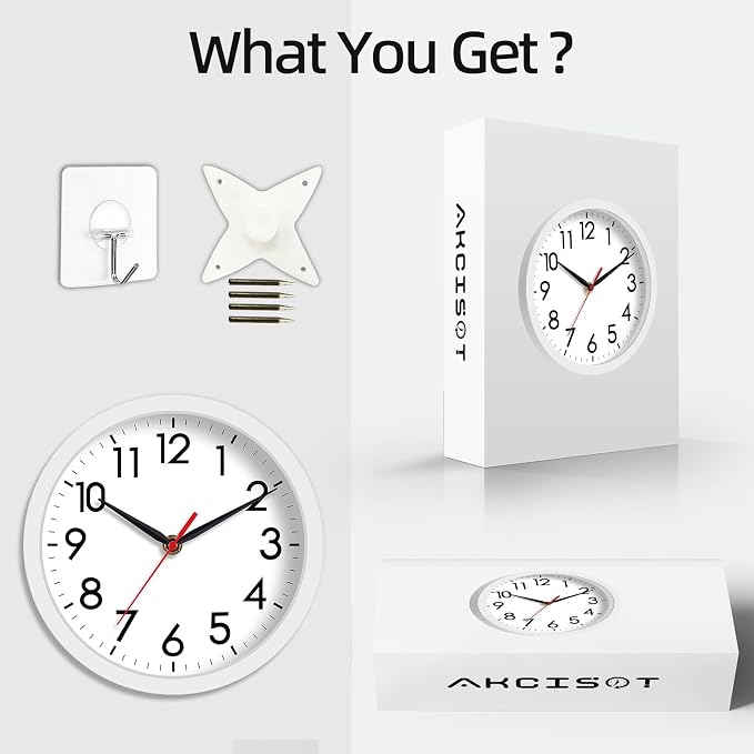 AKCISOT 8 Inch Wall Clock, Battery Operated Analog Clock, Silent Non-Ticking, Ideal for Bedroom, Bathroom, Kitchen, Office and School, White