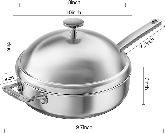 FogDream Titanium Non Stick Frying Pan, 10in Tri-Ply Stainless Steel Deep Saute Pan, All-in-One Cookware Set with Stainless Lid, Stay Cool Handle, Dishwasher & Oven-Safe,Induction Compatible,Silver