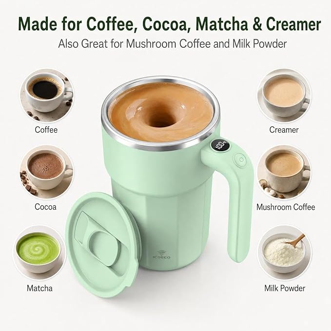 Self Stirring Coffee Mug, 12oz Rechargeable Magnetic Mixing Cup with Temperature Display, 316 Stainless Steel Electric Stirring Cup with Lid & Handle for Coffee, Cocoa, Matcha, Creamer, Mushroom Coffe