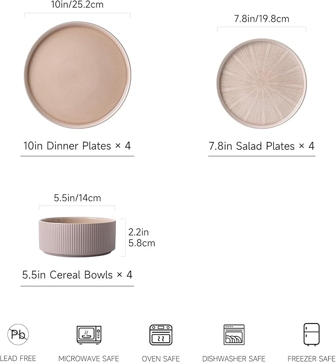 Dinnerware Sets for 4, Ceramic Plates and Bowls Set 12 Piece Dinnerware Chip Resistant Stoneware with Advanced Inkjet Printing Technology, Dishwasher and Microwave Safe-Dusty Brown
