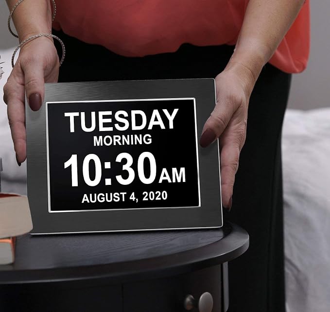 American Lifetime Large Digital Wall Clock for Seniors, Black Polished, 8-Inch High Resolution Display, Easy to Read, Customizable Alarms, Auto-Dimming, Multi-Language Support, Battery Backup