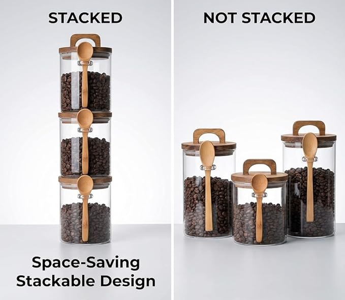 Glass Food Storage Canisters with Airtight Bamboo Lids, Set of 3 Clear Glass Jars with Spoons, 24oz Stackable Kitchen Containers for Coffee, Tea, Sugar, Flour & Pantry Organization