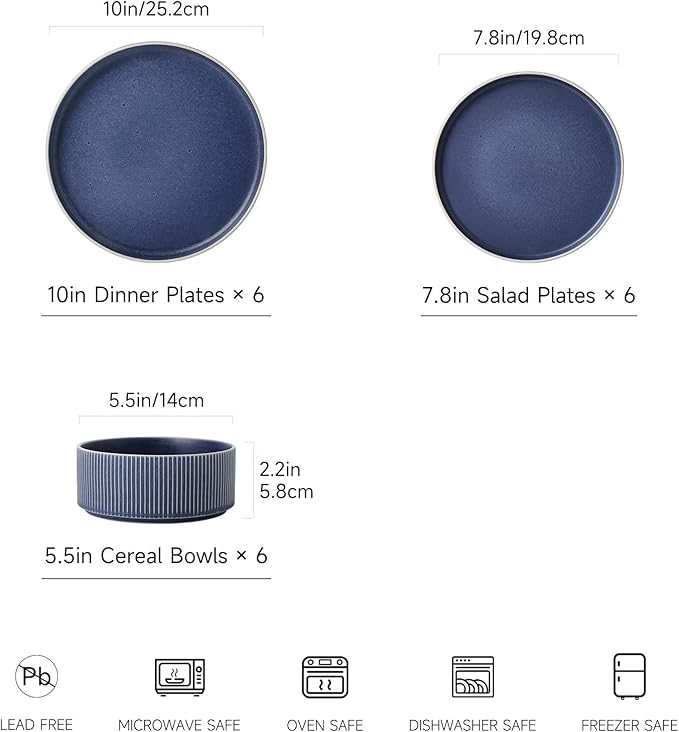 Dinnerware Set Service for 6, 18-Piece Ceramic Plates and Bowls Set, Chip & Scratch Resistant, Microwave and Dishwasher Safe, Modern Minimalist Tableware for Everyday Use, Matte Blue
