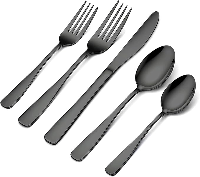 BEWOS 20 Piece silverware set - Service for 4, Black Stainless Steel Silverware Set with Mirror Polishing, Including Knives, Forks and Spoons, Dishwasher Safe, Flatware Set Suitable for Home Kitchens