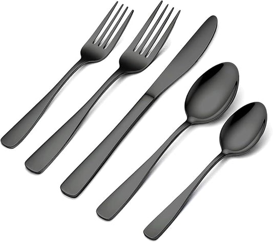 BEWOS 20 Piece silverware set - Service for 4, Black Stainless Steel Silverware Set with Mirror Polishing, Including Knives, Forks and Spoons, Dishwasher Safe, Flatware Set Suitable for Home Kitchens